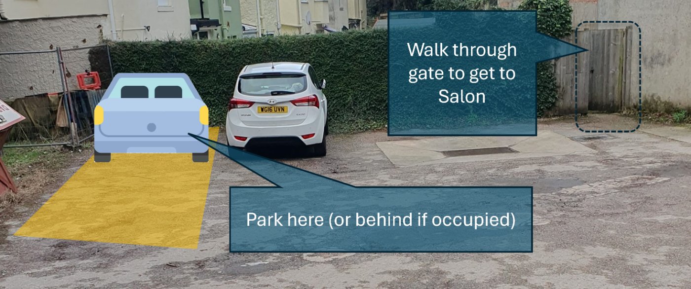 Where to park and the gate through to the salon