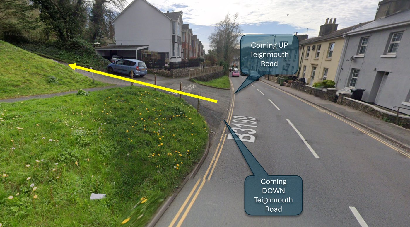 Turning off Teignmouth Road into the car park